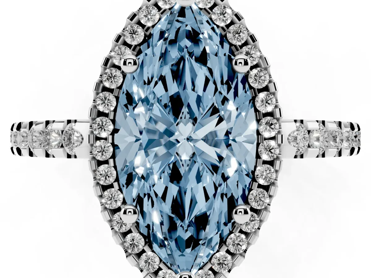 Fancy Blue Marquise Cut Diamond Halo Engagement Ring with Pavé Band and Prong Setting Platinum
