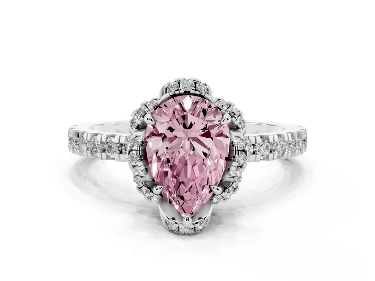 Fancy Pink Pear Cut Halo Diamond Pave Band Ring with Four-Prong Setting Silver