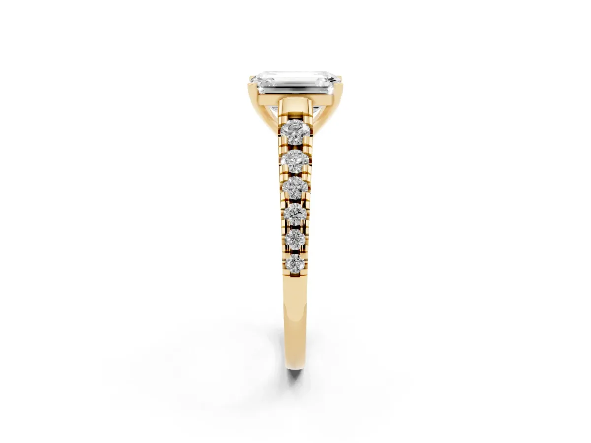 Emerald Cut Diamond Cathedral Solitaire Ring with Round Pavé Band Yellow gold