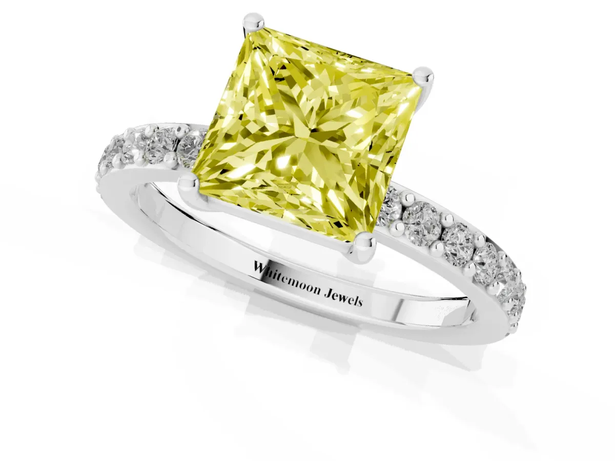 Fancy Yellow Princess Cut Cut Diamond Solitaire with Pave Band and Four-Prong Setting Silver