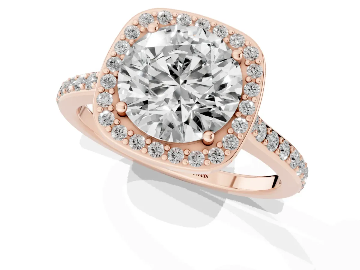 Round Cut Diamond Halo Engagement Ring with Round Pavé Shoulders and Prong Setting Rose gold