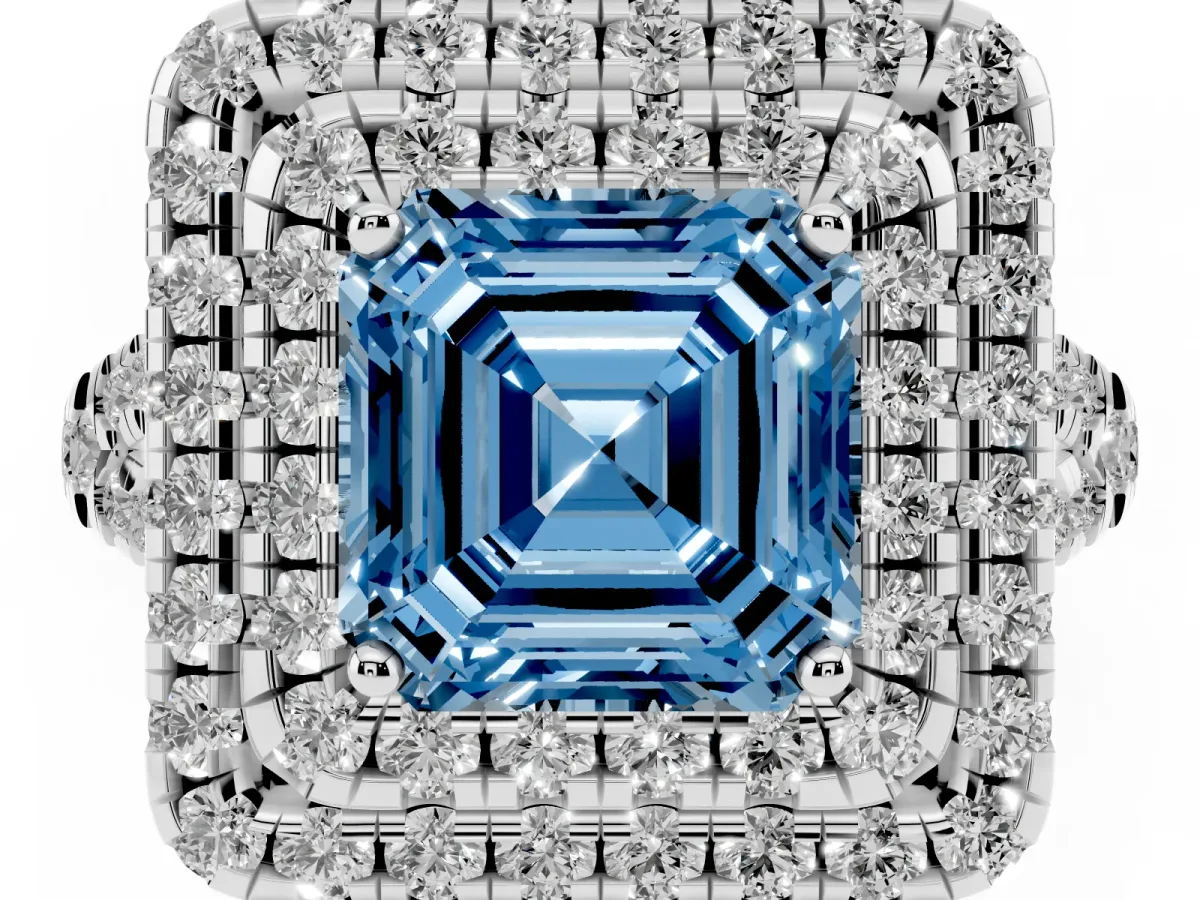 Fancy Blue Double Halo Asscher Cut Diamond Pavé Split Shank Ring with Prong Setting Platinum
