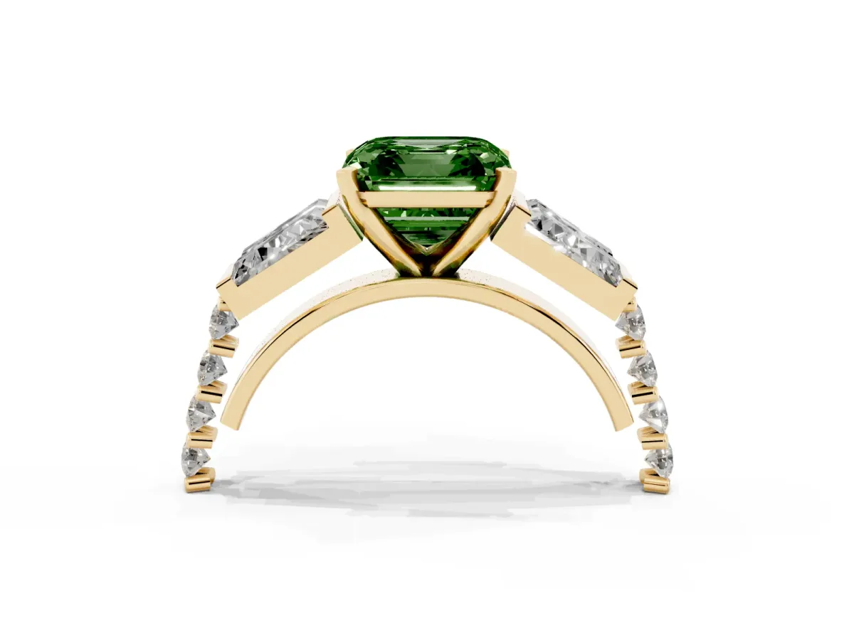 Fancy Green Asscher Cut Diamond Engagement Ring with Baguette Side Stones and Channel Set Band Yellow gold