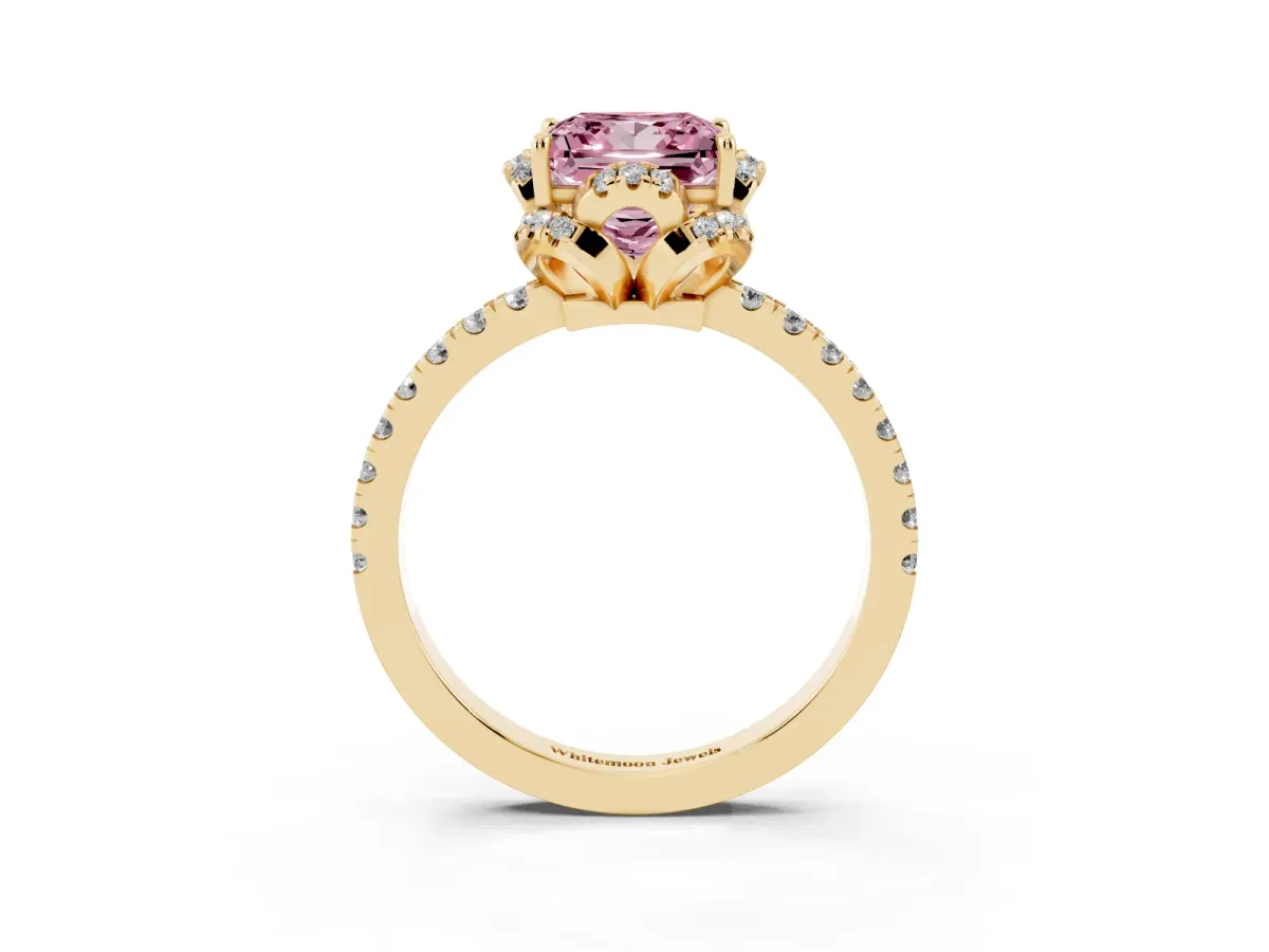 Fancy Pink Princess Cut Halo Diamond Pave Band Ring with Four-Prong Setting Yellow gold