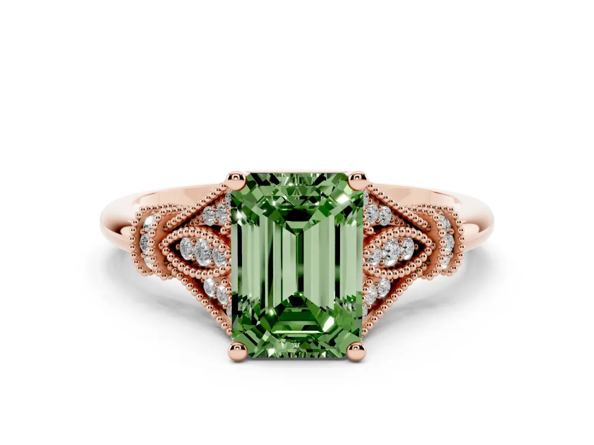Fancy Green Emerald Cut Diamond Solitaire Ring with Floral Filigree and Pave Accents Rose gold