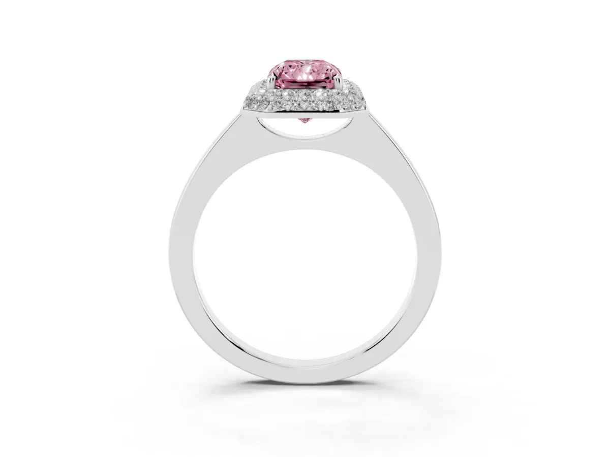 Fancy Pink Radiant Cut Halo Diamond Engagement Ring with Solitaire Band and Four-Prong Setting Silver