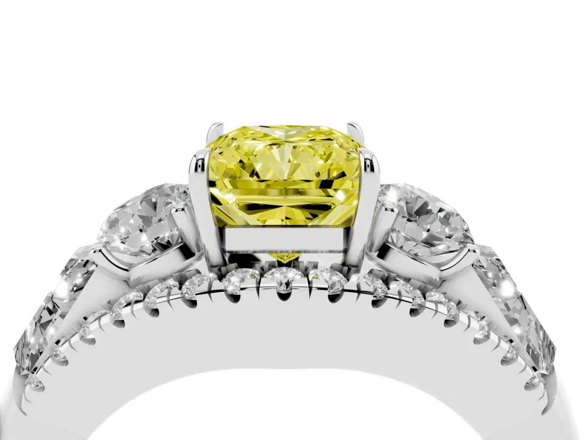 Fancy Yellow Three-Stone Radiant Cut Diamond Engagement Ring with Pave Band and Prong Setting Silver
