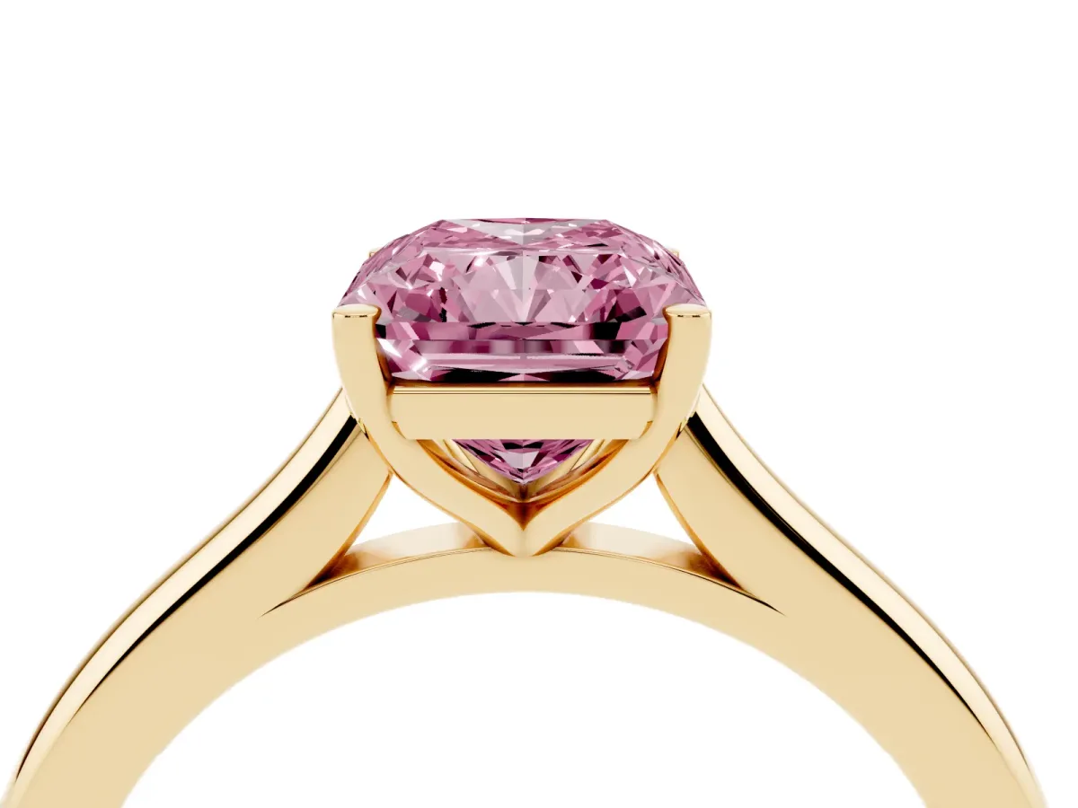 Fancy Pink Radiant Cut Cut Solitaire Ring with Cathedral Band and Four-Prong Setting Yellow gold
