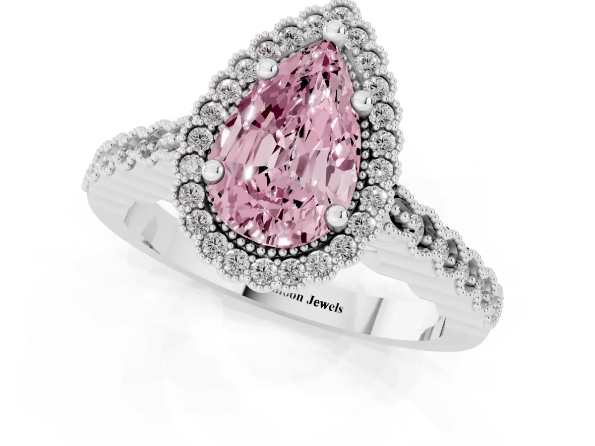 Fancy Pink Pear Cut Cut Halo Pavé Solitaire Ring with Milgrain Band Platinum