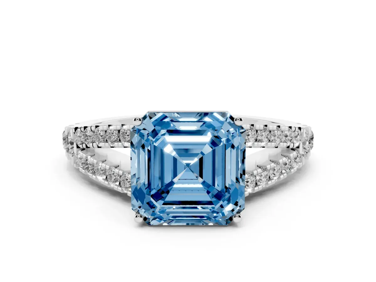 Fancy Blue Asscher Cut Diamond Split Shank Pavé Engagement Ring with Four-Prong Setting White gold