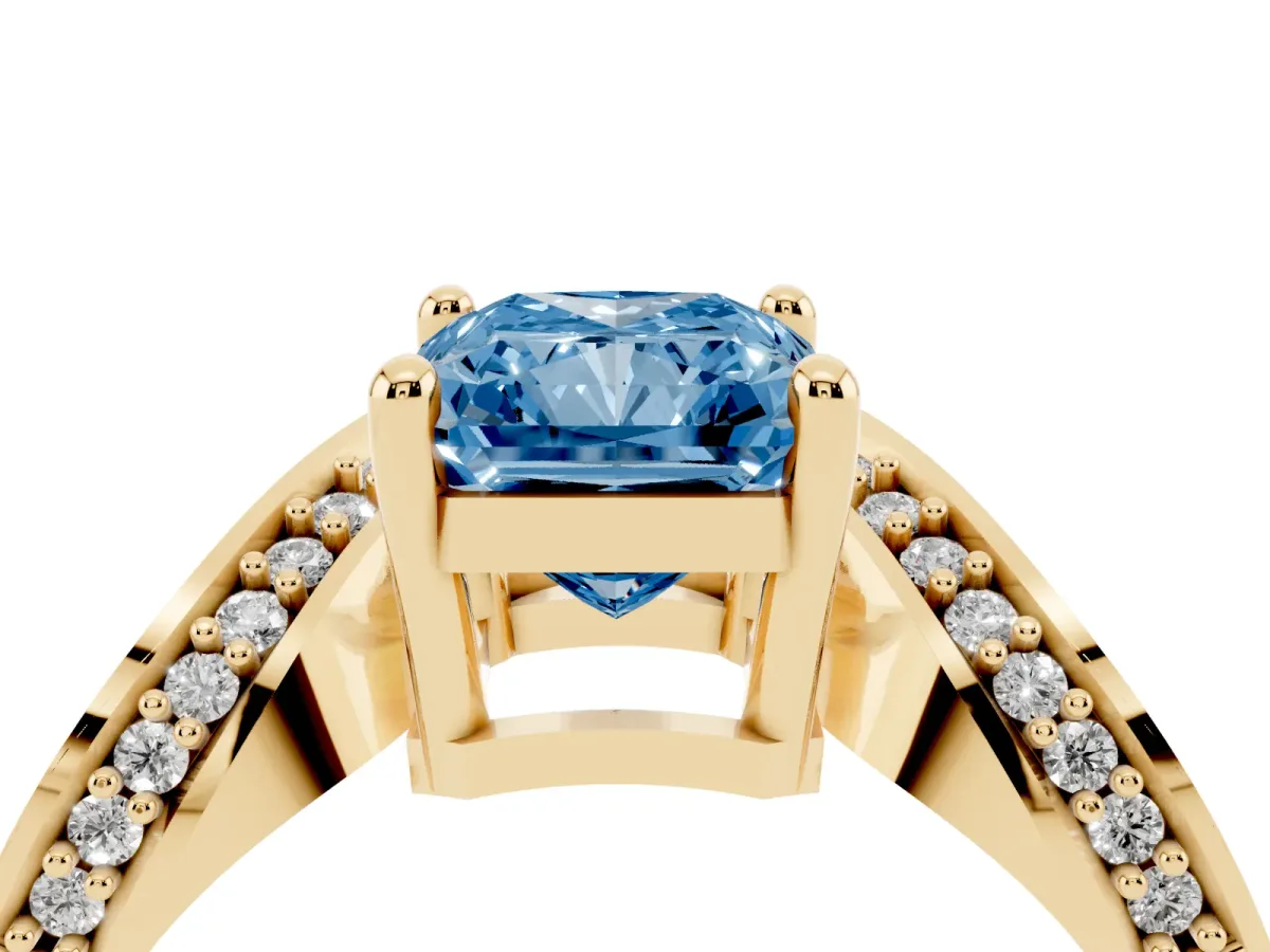 Fancy Blue Radiant Cut Solitaire Diamond Engagement Ring with Pave Band and Four-Prong Setting Yellow gold