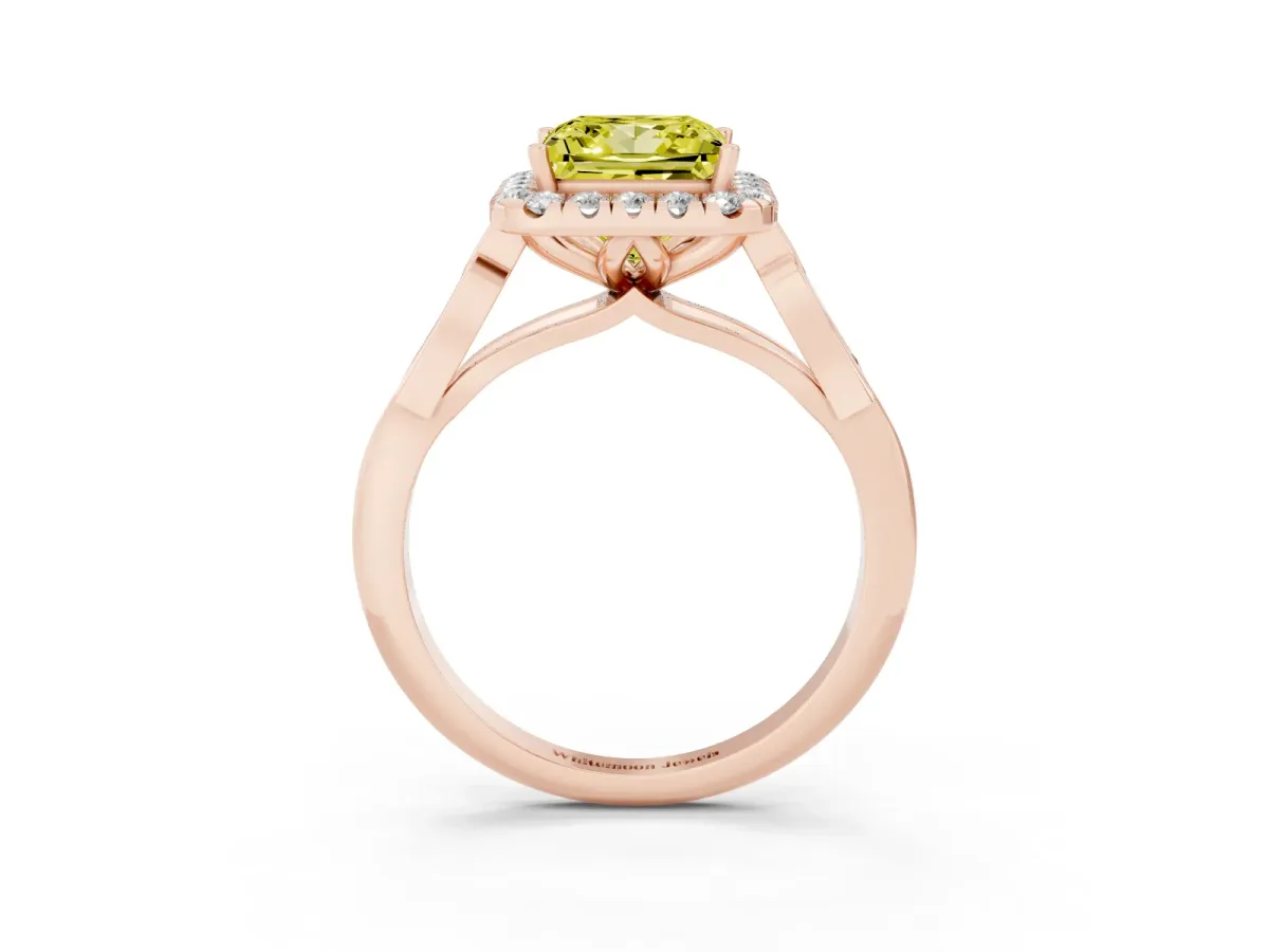 Fancy Yellow Princess Cut Halo Diamond Engagement Ring with Filigree Band and Four-Prong Setting Rose gold