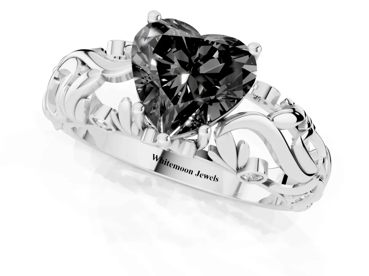 Fancy Black Heart Cut Solitaire Diamond Leaf-Inspired Vine Band Ring with Prong Setting Silver