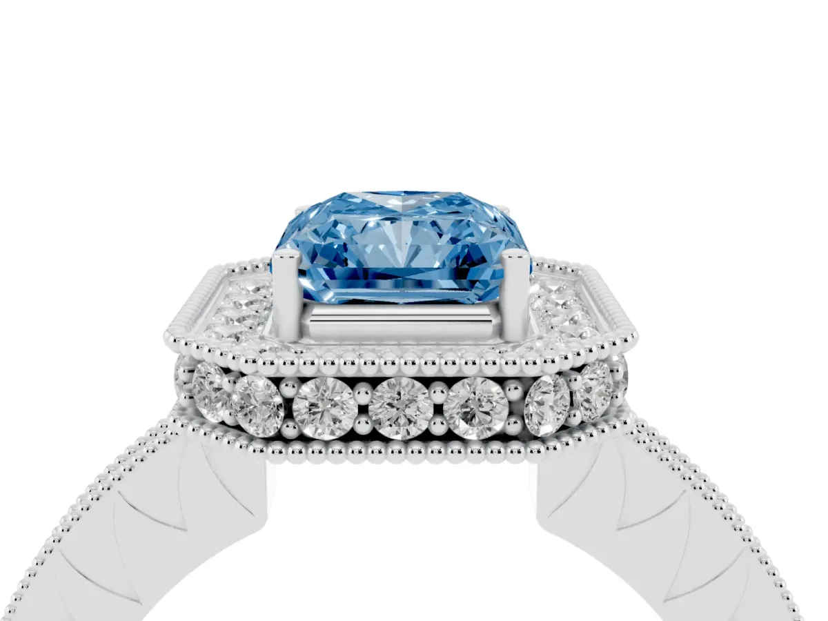 Fancy Blue Radiant Cut Diamond Milgrain Halo Engagement Ring with Round Pavé Band and Prong Setting Platinum