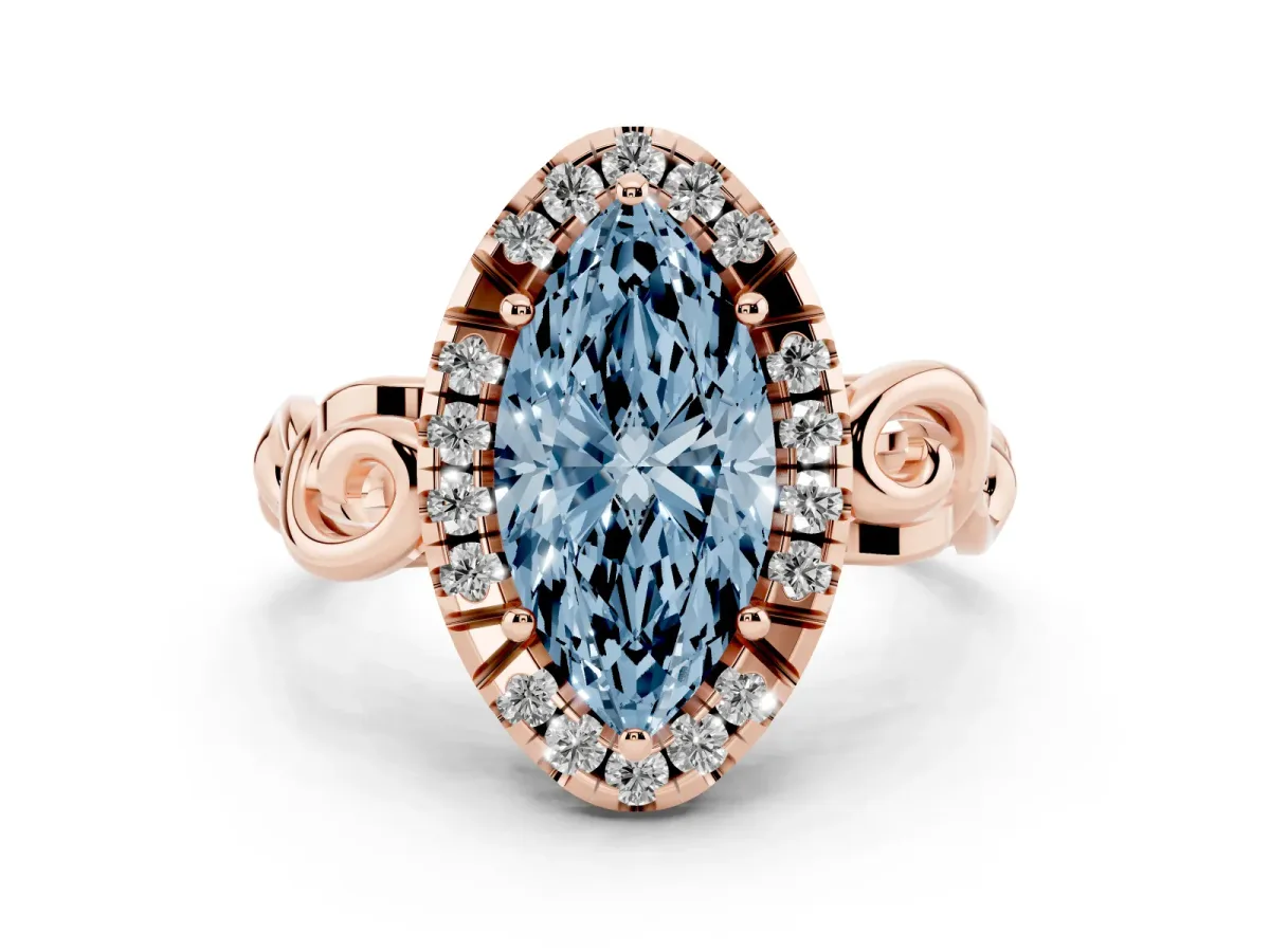 Fancy Blue Marquise Cut Cut Halo Diamond Ring with Scrollwork Band and Four-Prong Setting Rose gold