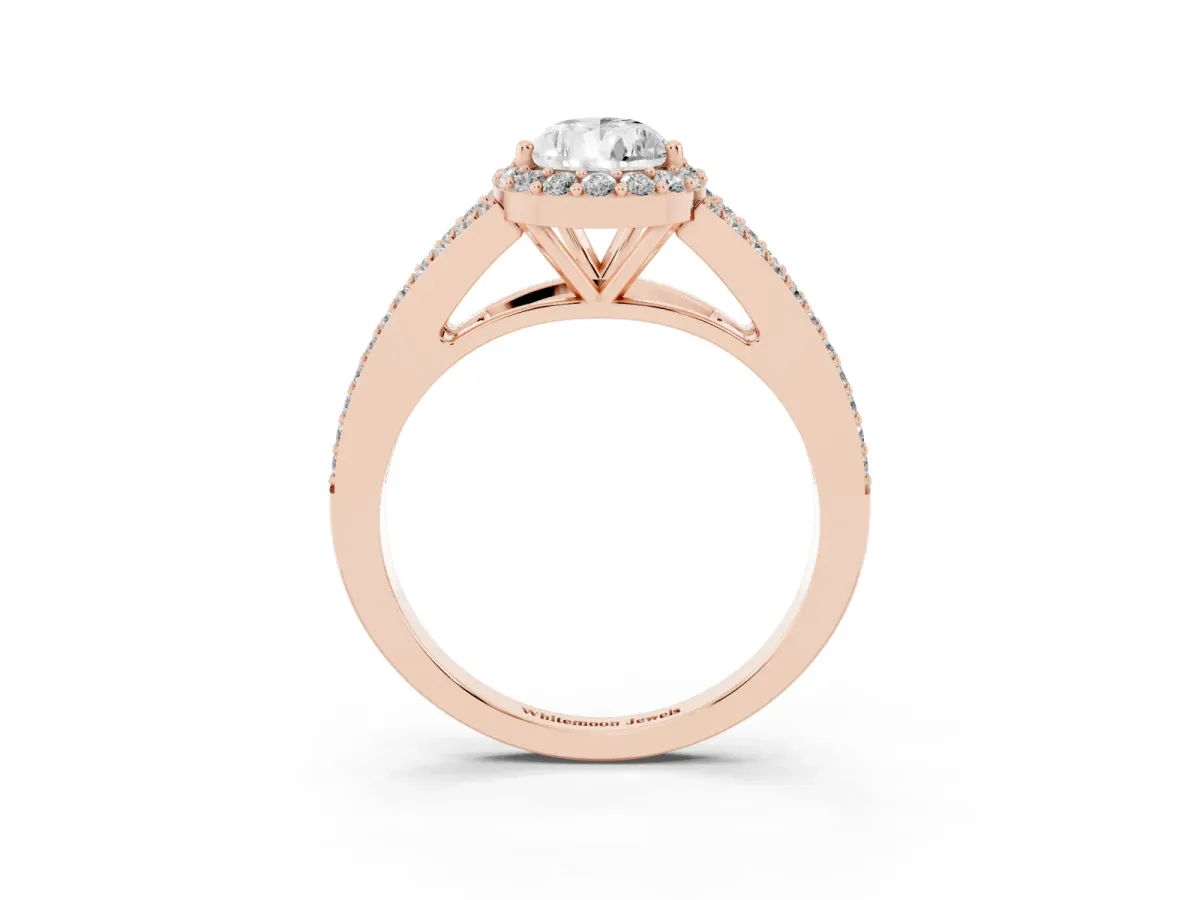 Pear Cut Halo Split Shank Pave Diamond Ring with Four-Prong Setting Rose gold
