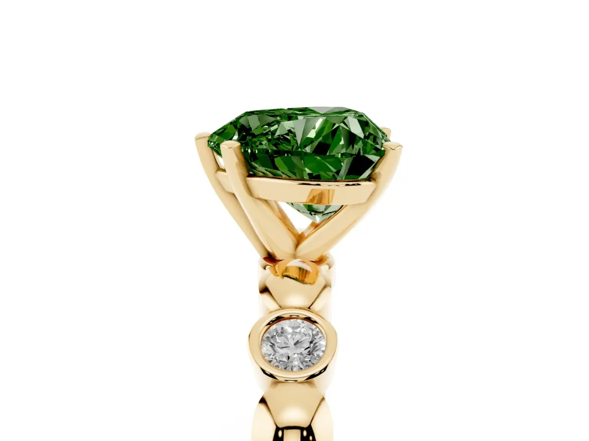 Fancy Green Heart Cut Solitaire Bezel-Set Diamond Ring with Beaded Band and Four-Prong Setting Yellow gold