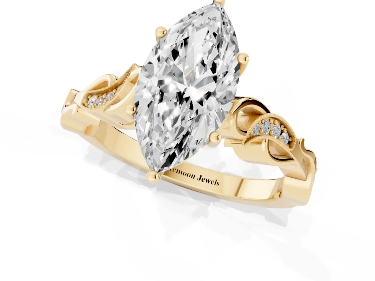 Marquise Cut Solitaire Vine Band with Milgrain Prong Setting Yellow gold