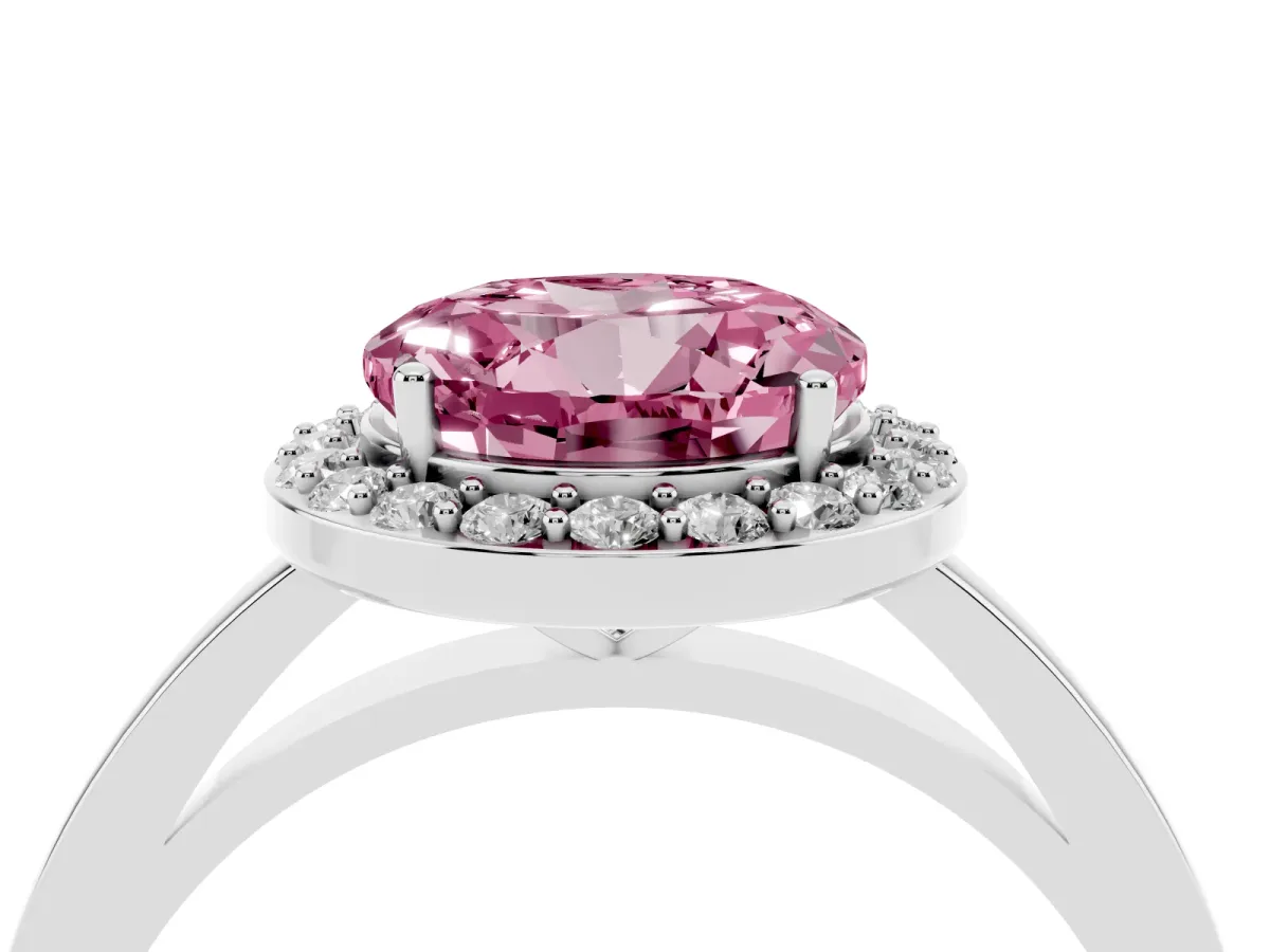 Fancy Pink Round Cut Halo Diamond Ring with Solitaire Band and Prong Setting Platinum