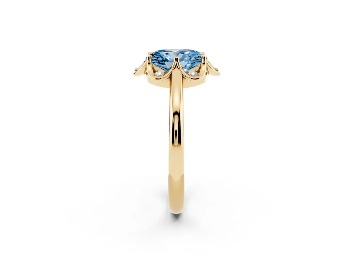 Fancy Blue Oval Cut Halo Diamond Ring with Round Cluster Setting, Solitaire Band, and Four-Prong Setting Yellow gold