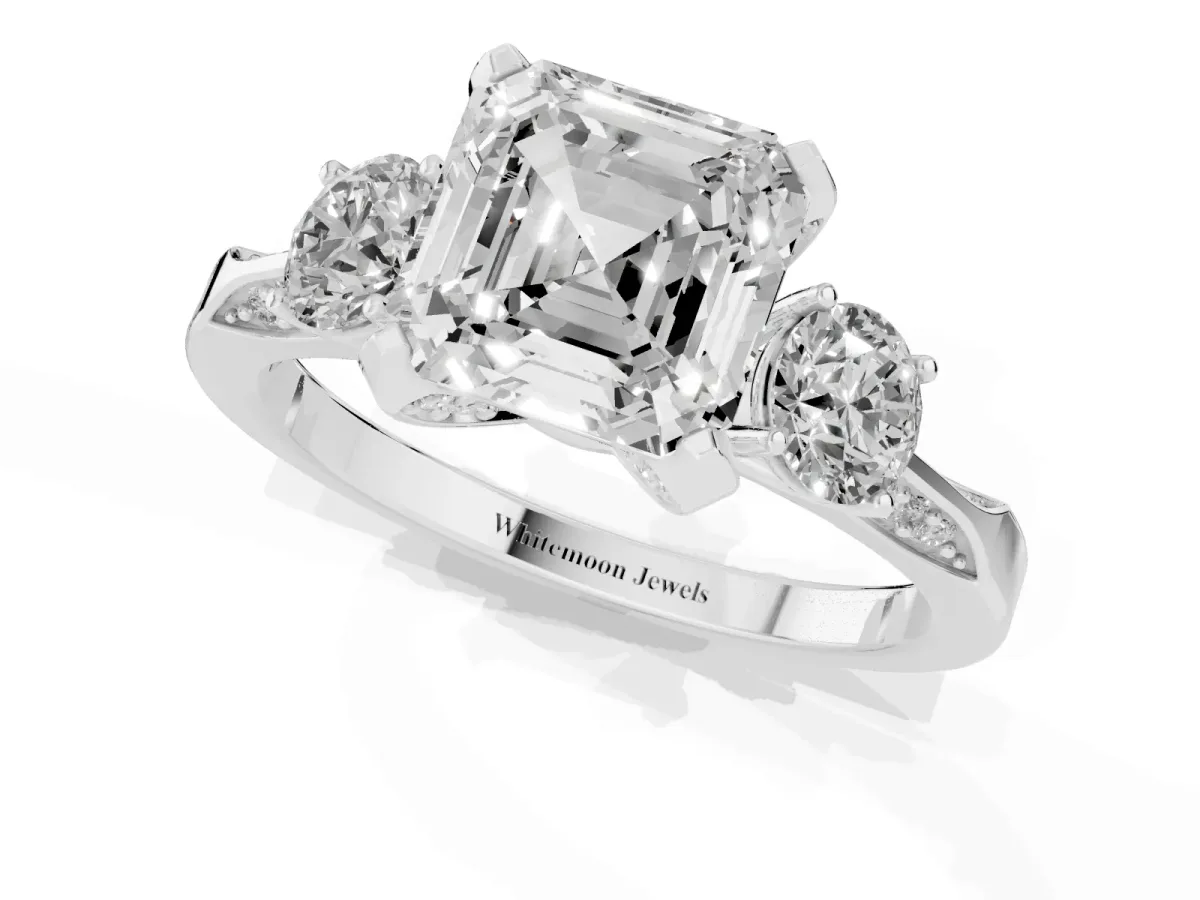 Asscher Cut Brilliant Three-Stone Diamond Ring with Pavé Band and Four-Prong Setting White gold