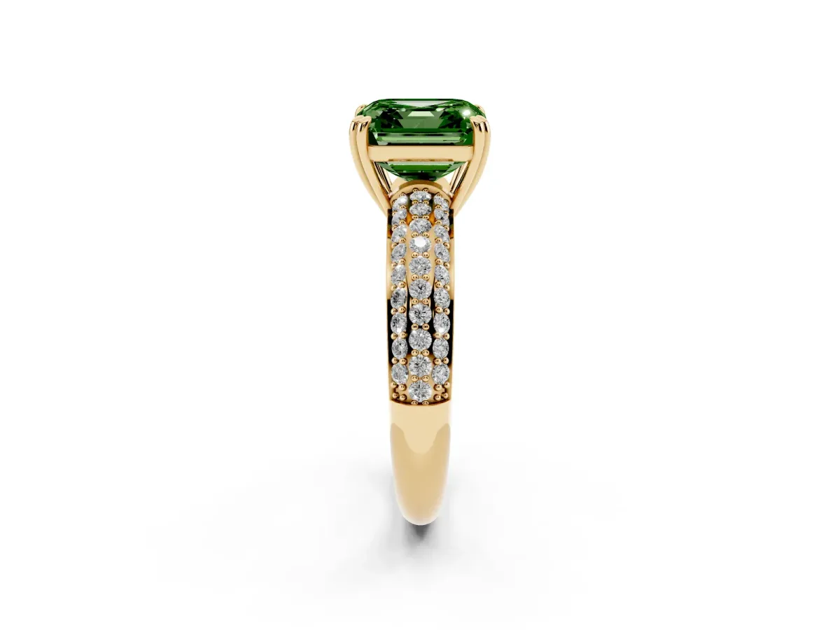 Fancy Green Asscher Cut Diamond Solitaire Ring with Multi-Row Round Pavé Band and Prong Setting Yellow gold