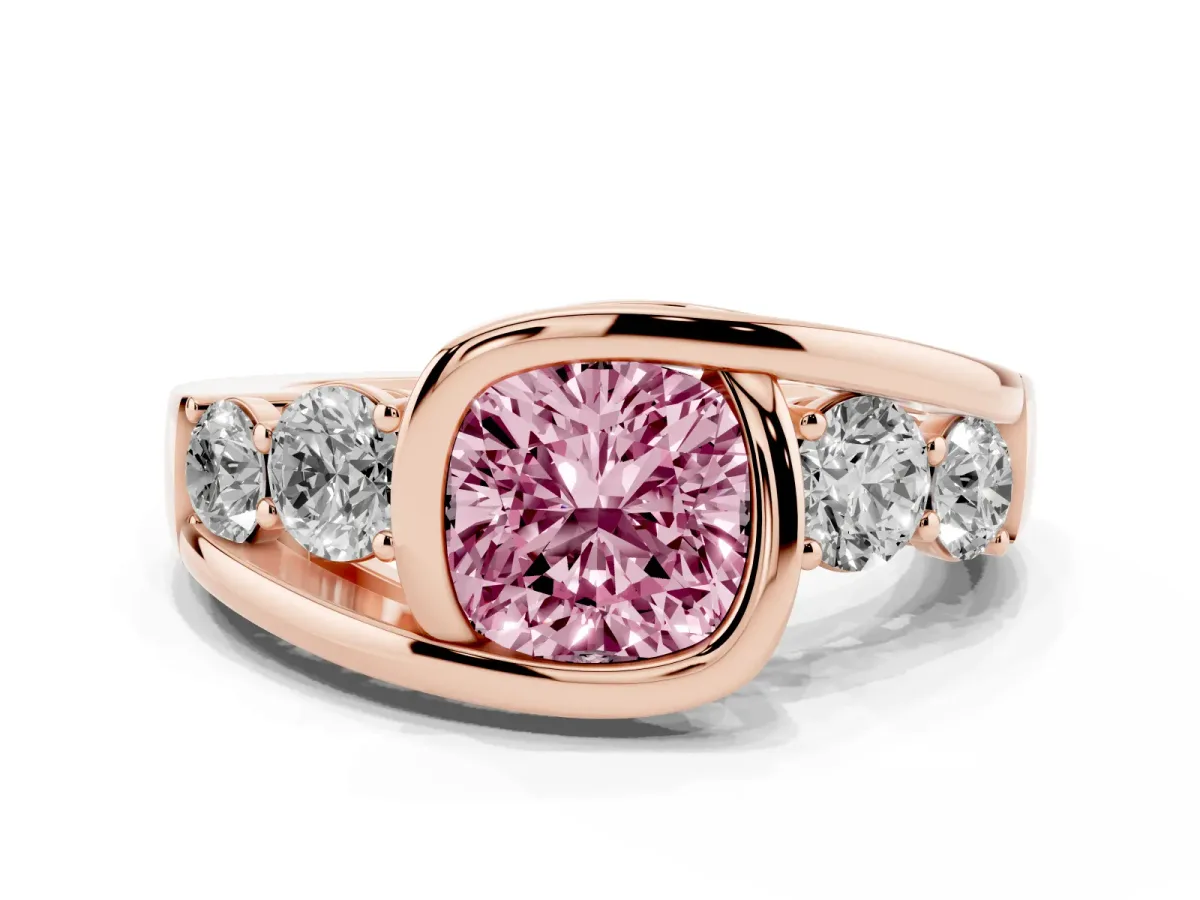 Fancy Pink Bezel Set Cushion Cut Diamond Bypass Ring with Round Accents Rose gold