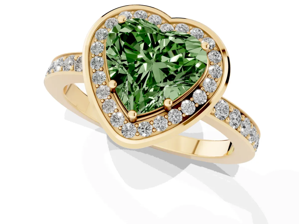 Fancy Green Heart Cut Diamond Halo Ring with Bezel Frame and Pavé Band Yellow gold