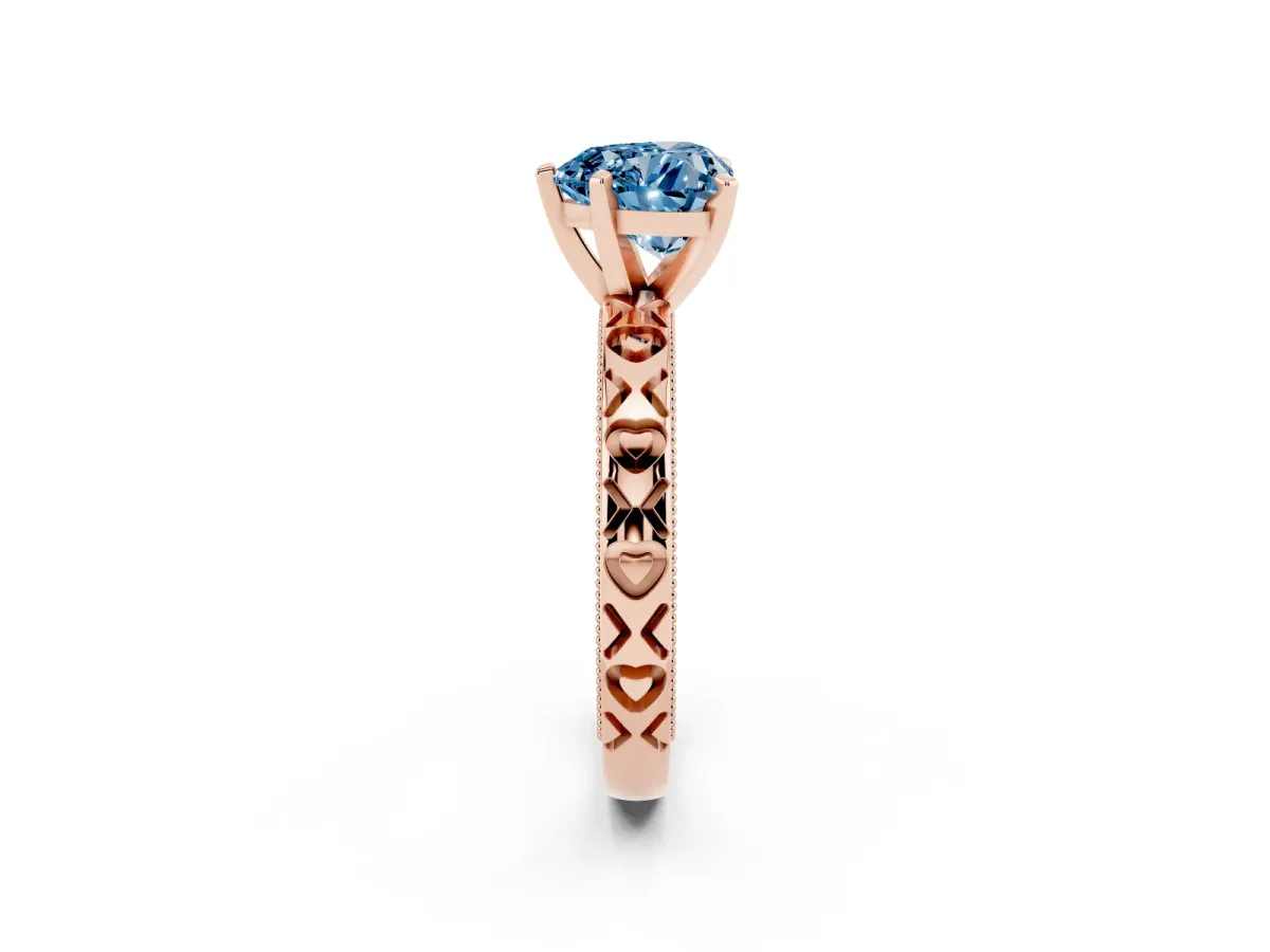 Fancy Blue Heart Cut Solitaire Diamond Engagement Ring with XO Engraved Band and Four-Prong Setting Rose gold