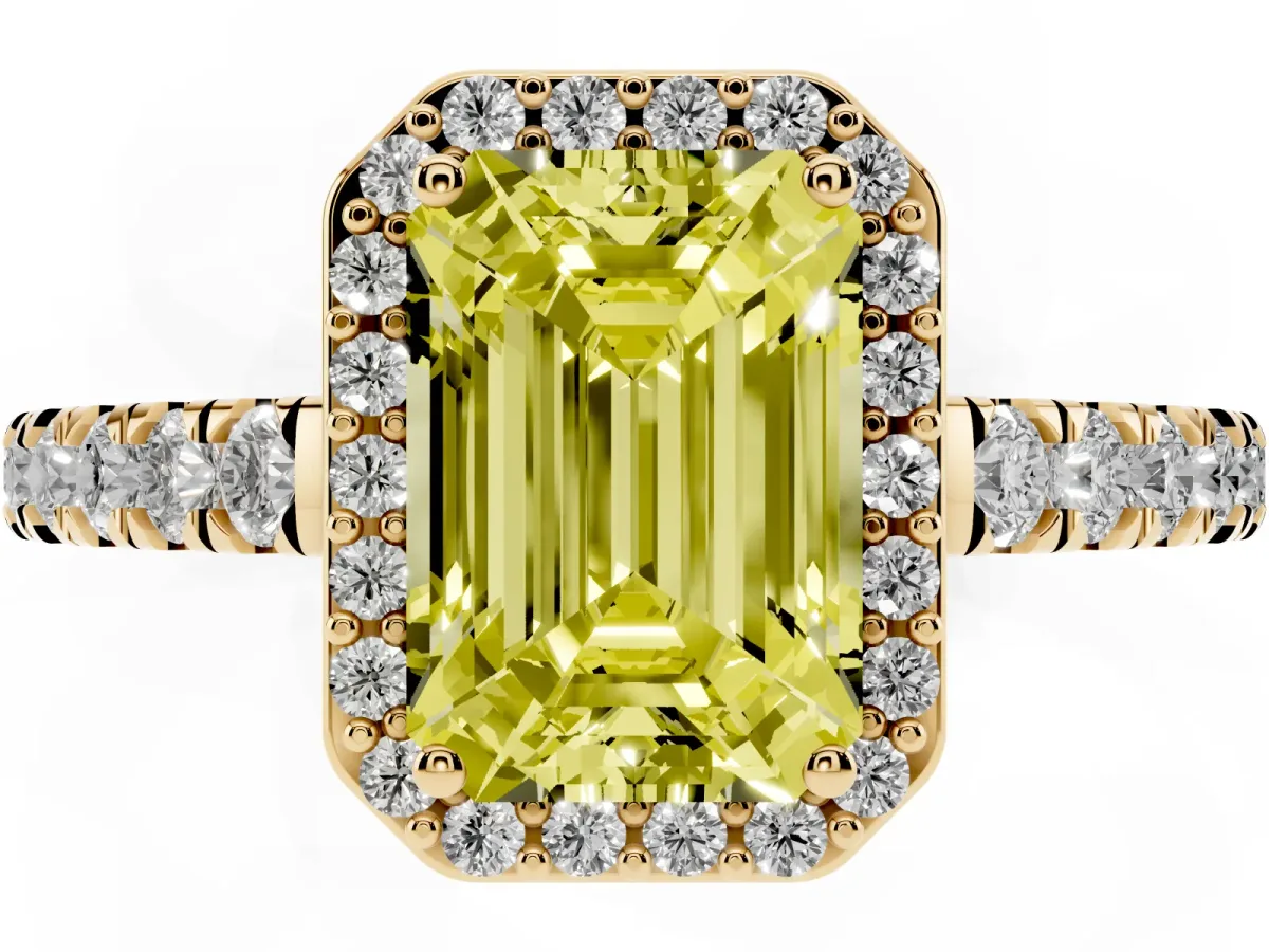 Fancy Yellow Emerald Cut Cut Halo Diamond Engagement Ring with Pave Band and Four-Prong Setting Yellow gold