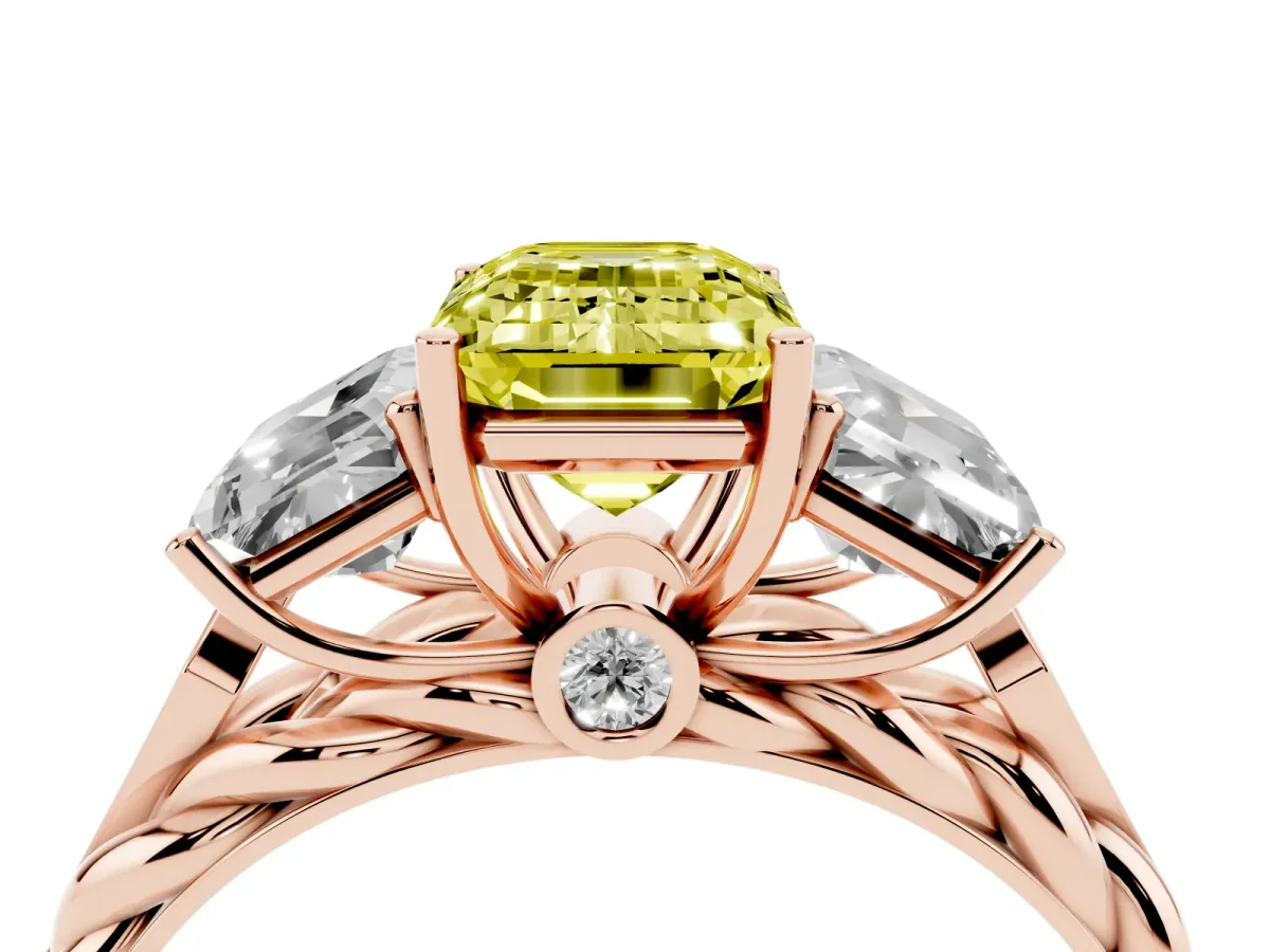 Fancy Yellow Three-Stone Radiant Cut Diamond Braided Band Ring with Four-Prong Setting Rose gold