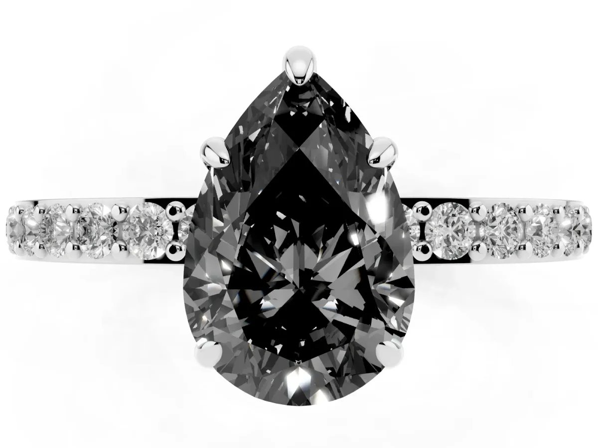 Fancy Black Pear Cut Diamond Pavé Engagement Ring with Round Accents and Prong Setting Silver
