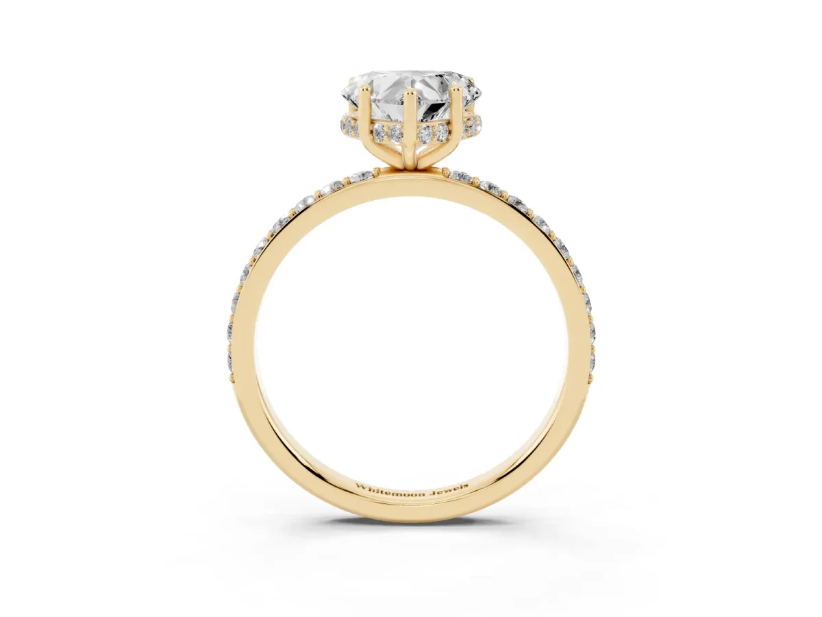 Heart Cut Diamond Solitaire Ring with Pavé Band and Hidden Halo Yellow gold