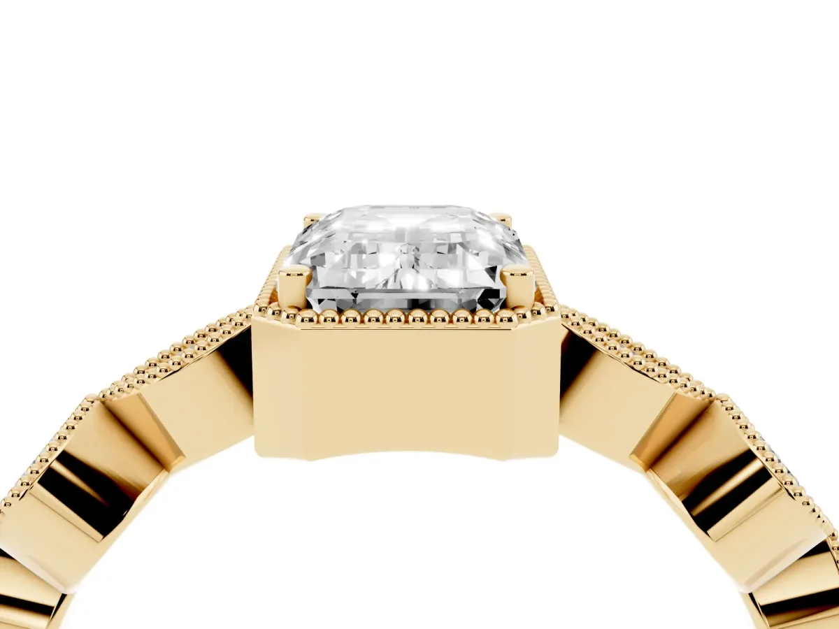 Emerald Cut Diamond Vintage Milgrain Ring with Round Stations Yellow gold