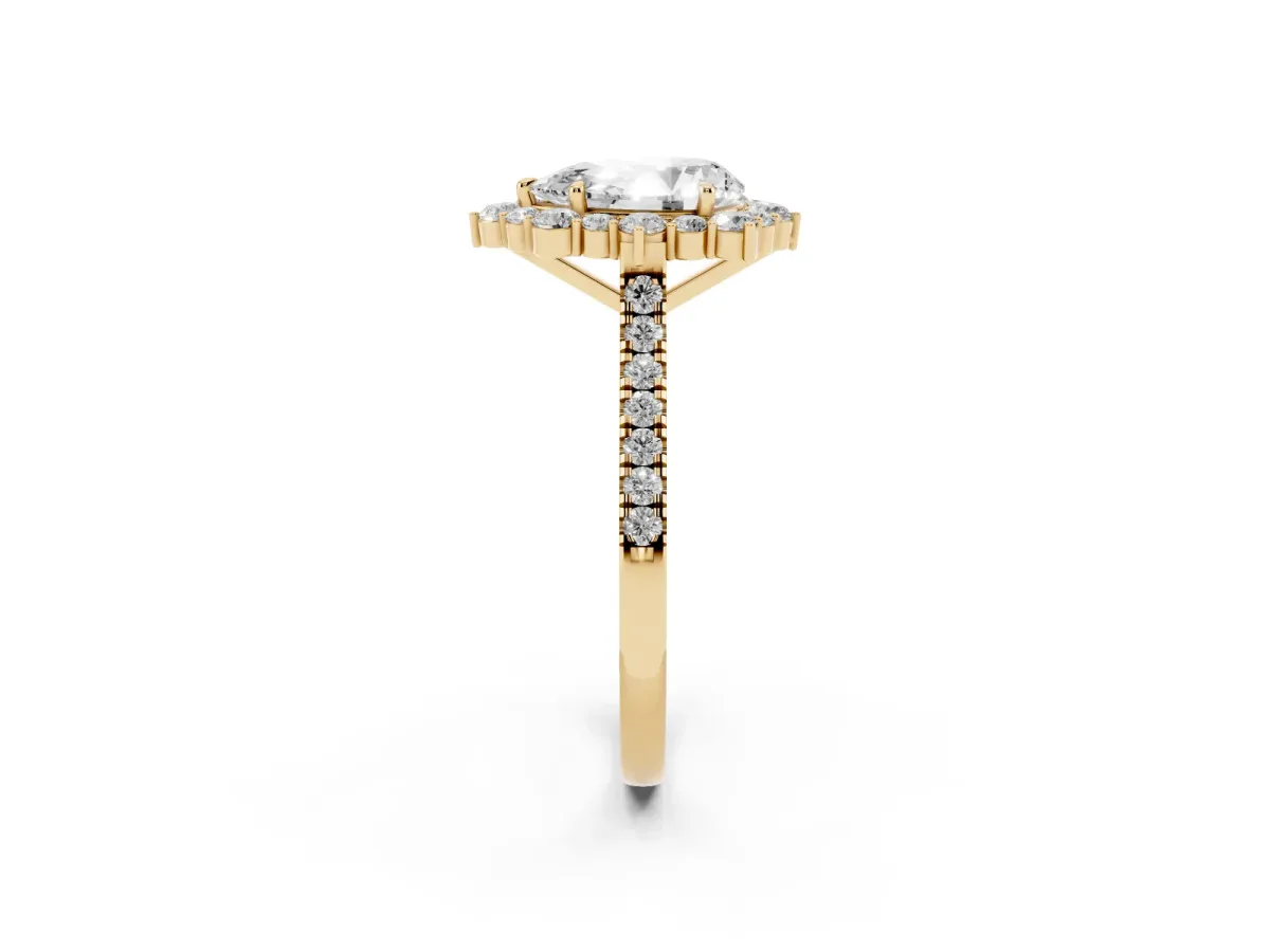 Pear Cut Halo Diamond Ring with Pavé Band and Prong Setting Yellow gold