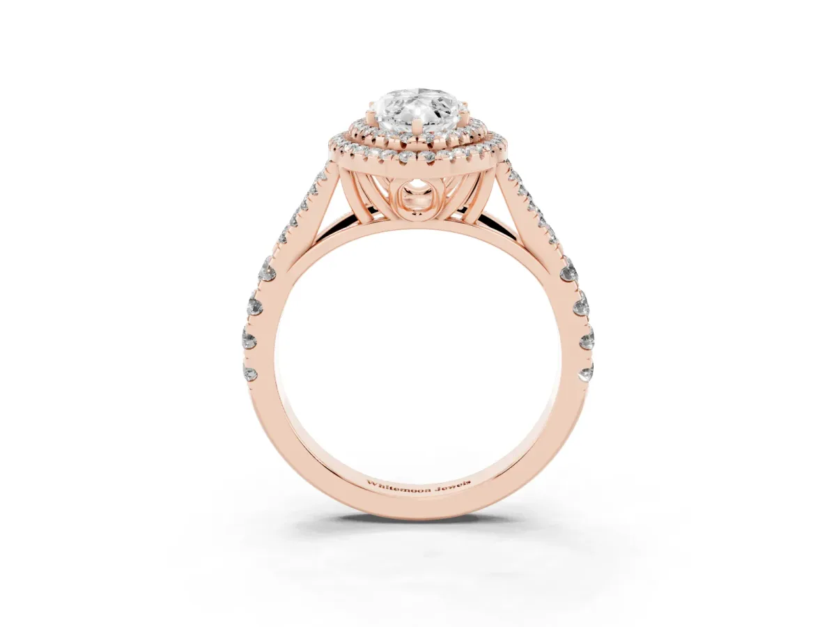 Double Halo Marquise Cut Diamond Split Shank Engagement Ring with Four-Prong Setting Rose gold