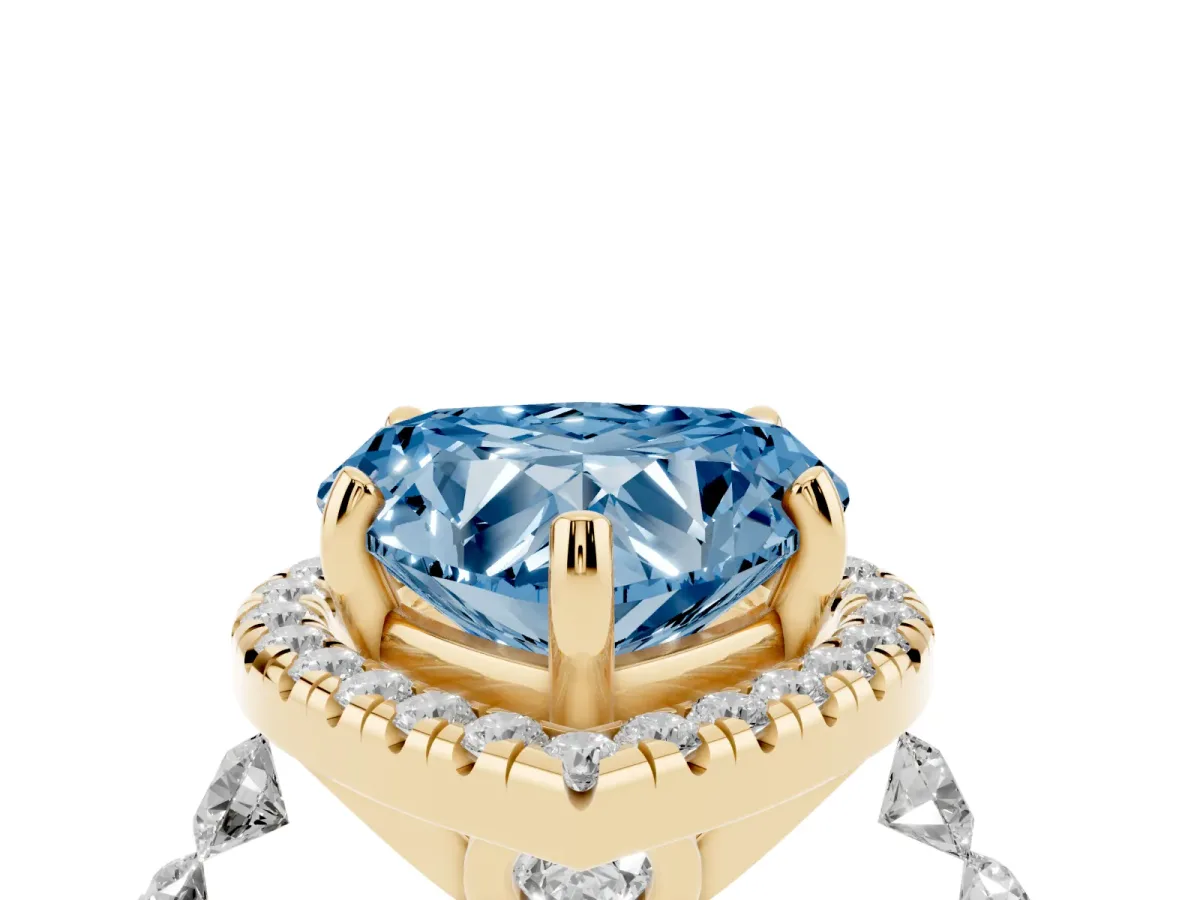 Fancy Blue Heart Cut Halo Pavé Diamond Engagement Ring with Four-Prong Setting Yellow gold