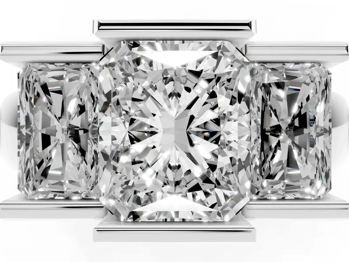 Three Stone Radiant Cut Cut Channel Set Diamond Ring Silver