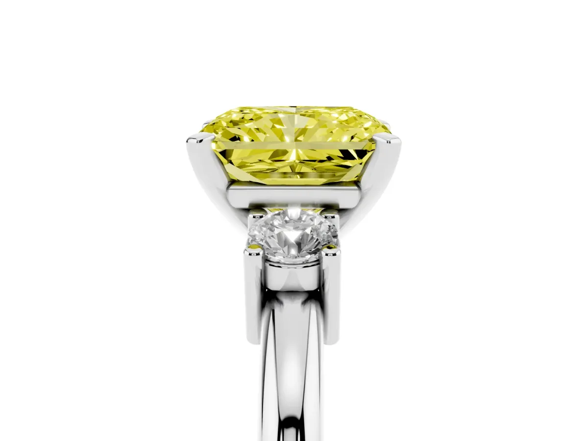 Fancy Yellow Three-Stone Radiant Cut Cut Diamond Solitaire with Prong Setting and Classic Band Silver