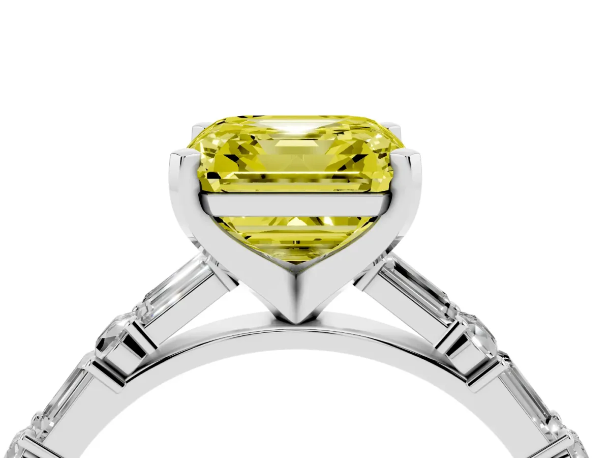 Fancy Yellow Asscher Cut Diamond Solitaire with Side Baguettes and Channel Set Band Silver
