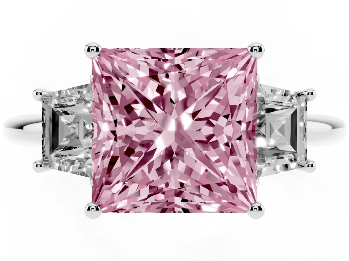 Fancy Pink Princess Cut Diamond Three-Stone Ring with Trapezoid Side Stones and Prong Setting Silver