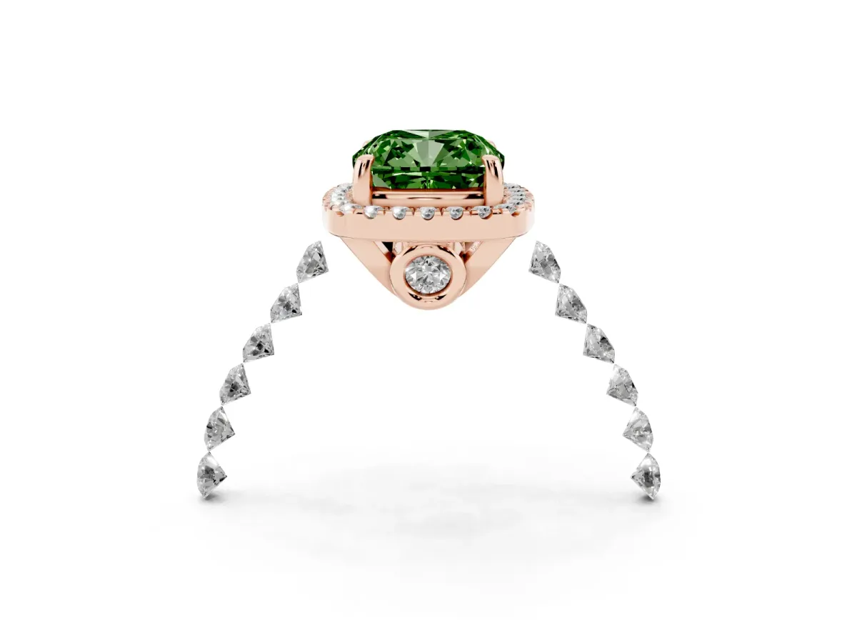 Fancy Green Cushion Cut Halo Pavé Diamond Engagement Ring with Four-Prong Setting Rose gold