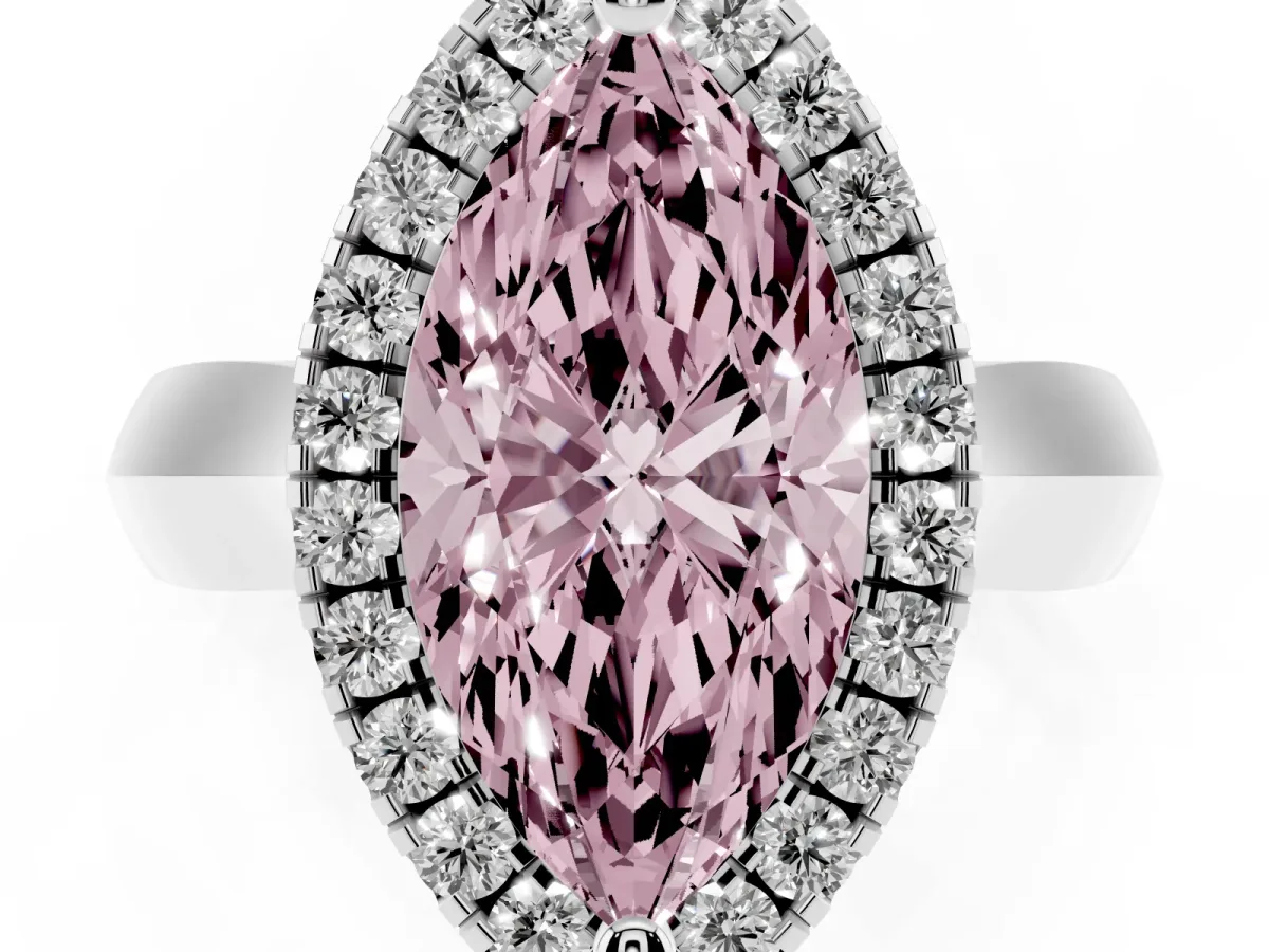 Fancy Pink Marquise Cut Cut Halo Solitaire Engagement Ring with Square Band and Four-Prong Setting Platinum