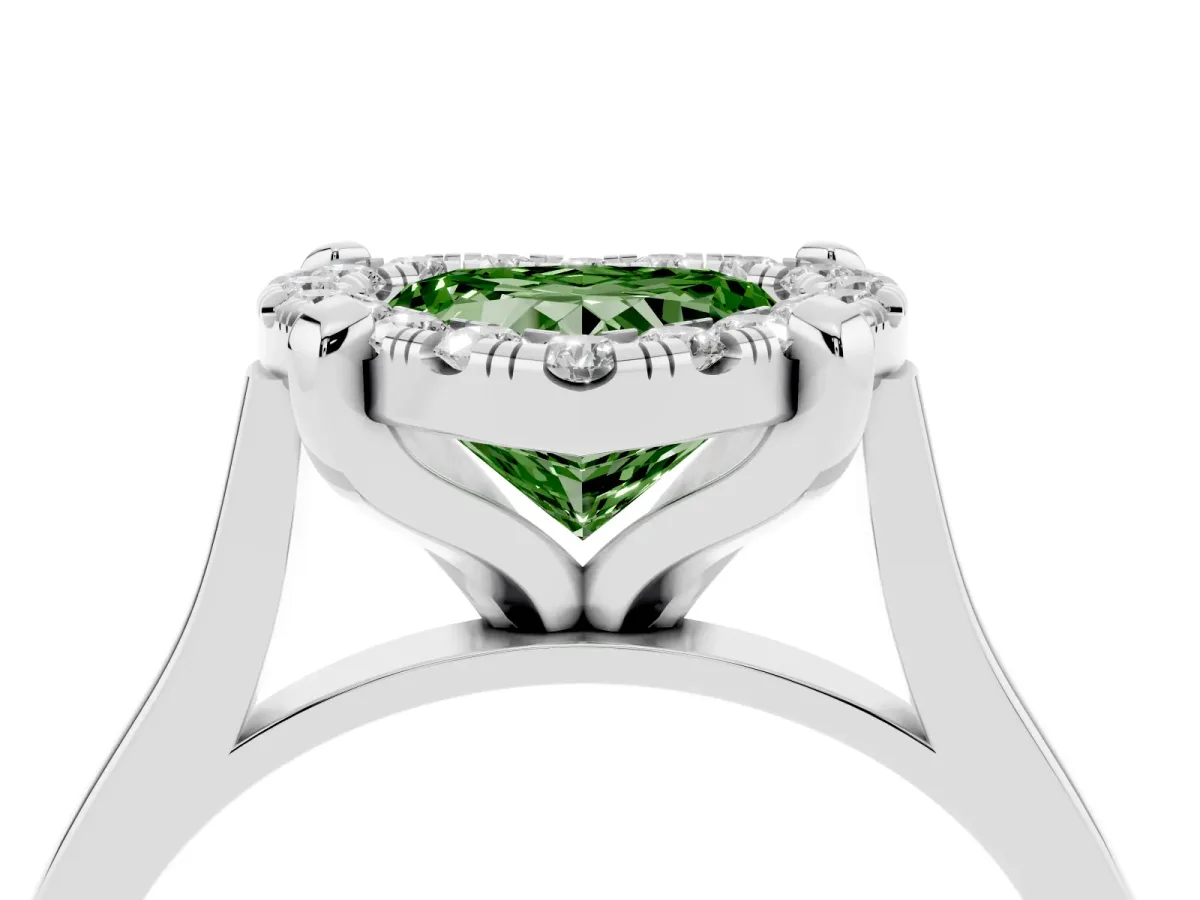 Fancy Green Heart Cut Diamond Cluster Halo Solitaire with Four-Prong Setting Silver