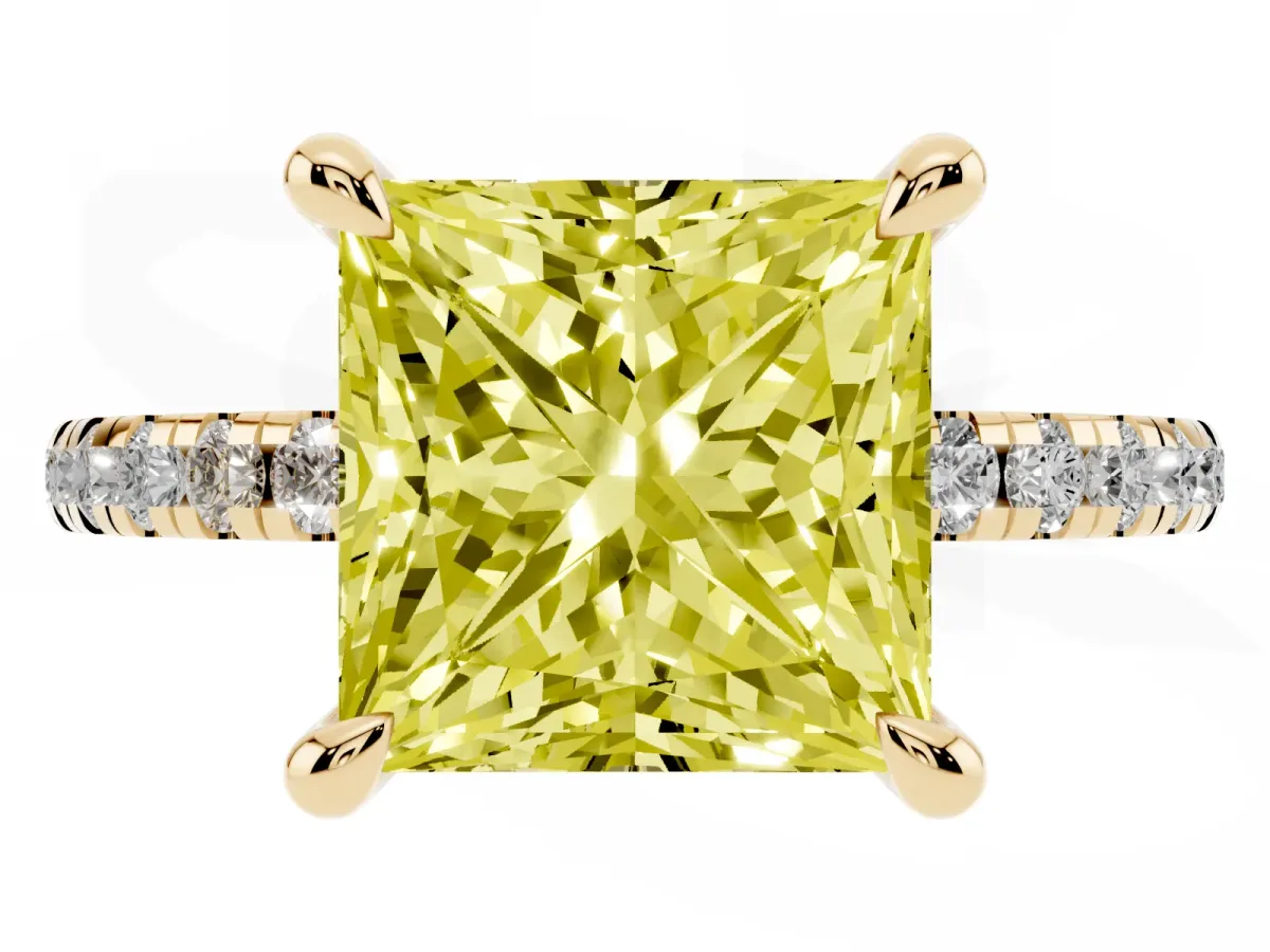 Fancy Yellow Princess Cut Diamond Brilliant Solitaire Ring with Pavé Band and Four-Prong Setting Yellow gold
