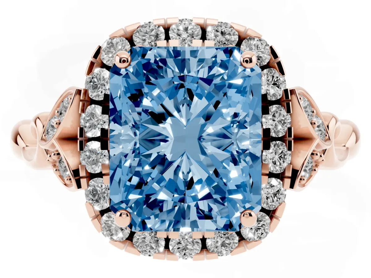 Fancy Blue Radiant Cut Halo Diamond Engagement Ring with Vintage-Inspired Band and Four-Prong Setting Rose gold