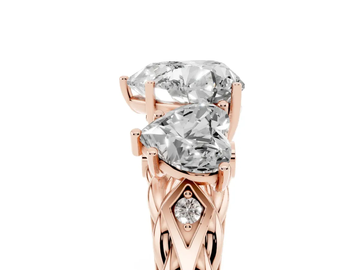 Three-Stone Heart Cut Diamond Braided Band Ring with Four-Prong Setting Rose gold