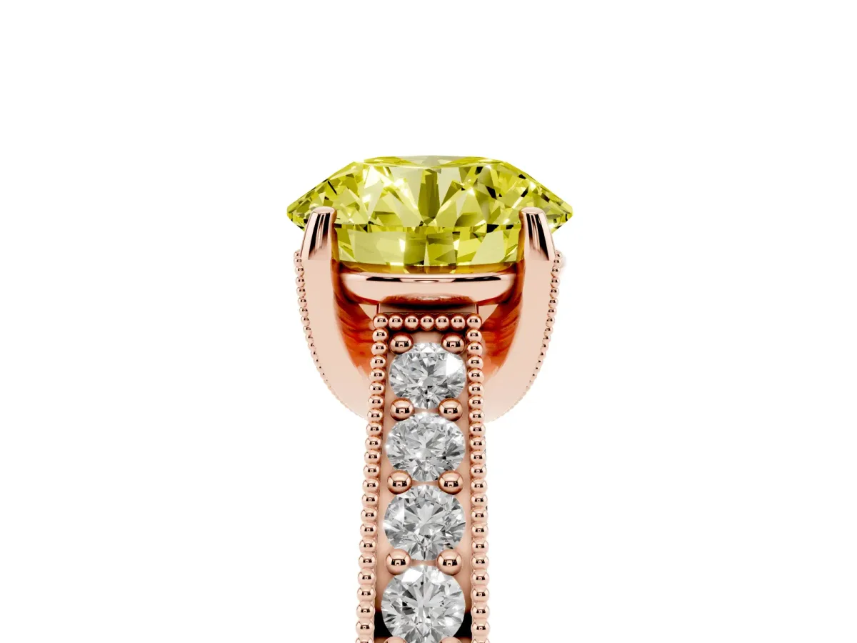 Fancy Yellow Round Cut Cut Diamond Solitaire Ring with Milgrain Pave Band and Four Prong Setting Rose gold