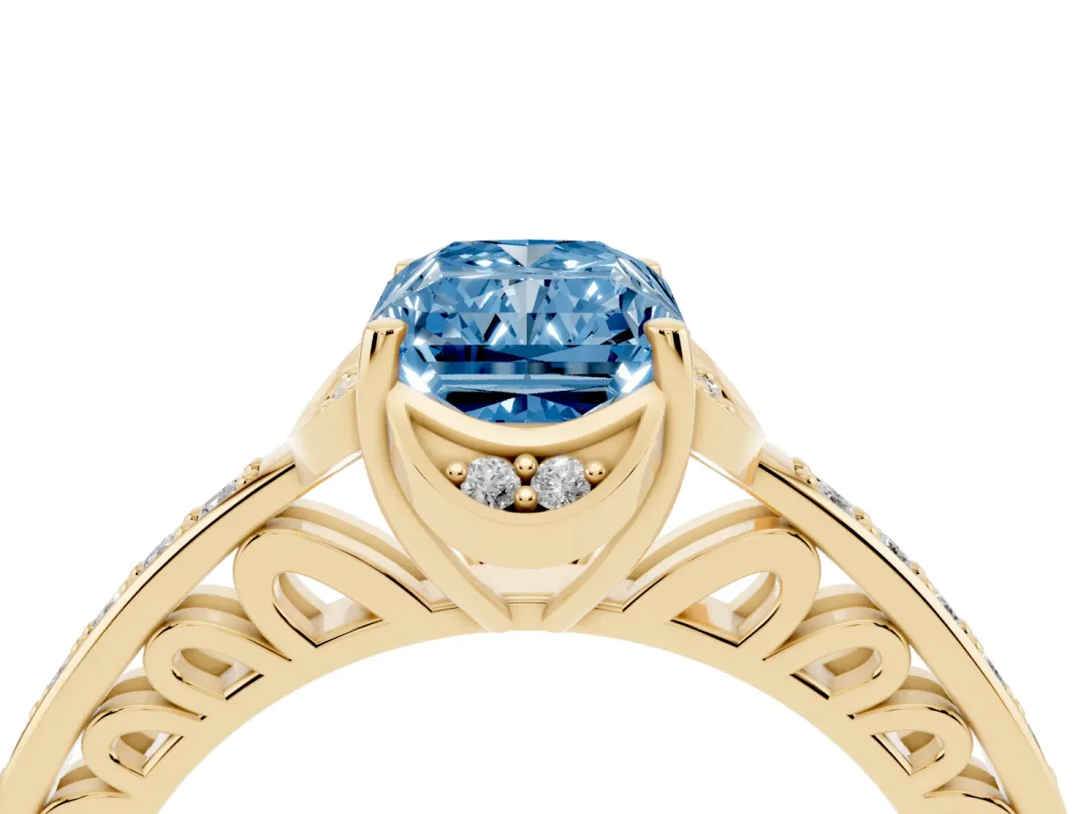 Fancy Blue Radiant Cut Cut Halo Diamond Ring with Channel Set Band and Four-Prong Setting Yellow gold