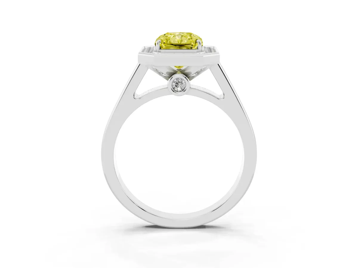 Fancy Yellow Radiant Cut Halo Solitaire Diamond Ring with Pave Band and Bezel Setting Platinum